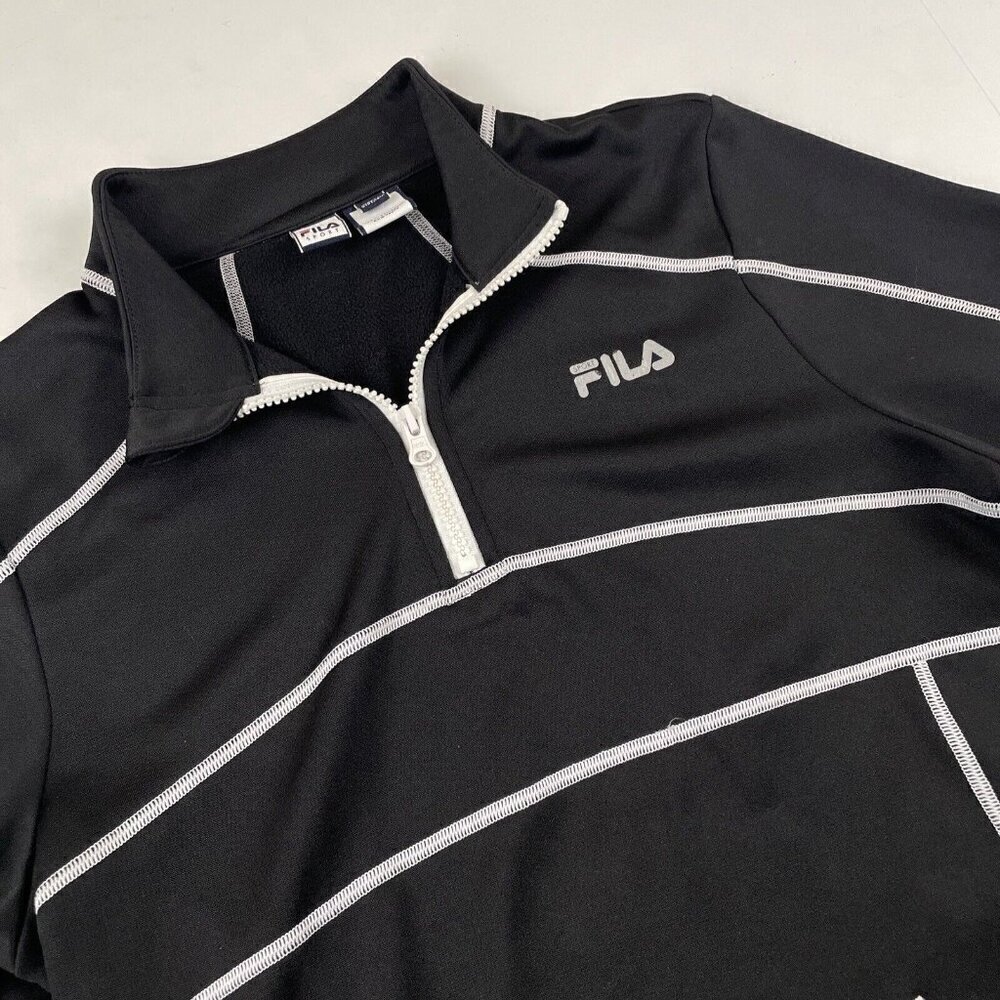 Fila Sport 1/4 Zip Sweatshirt Womenās M Black Front Pockets Thumb Holes Poly